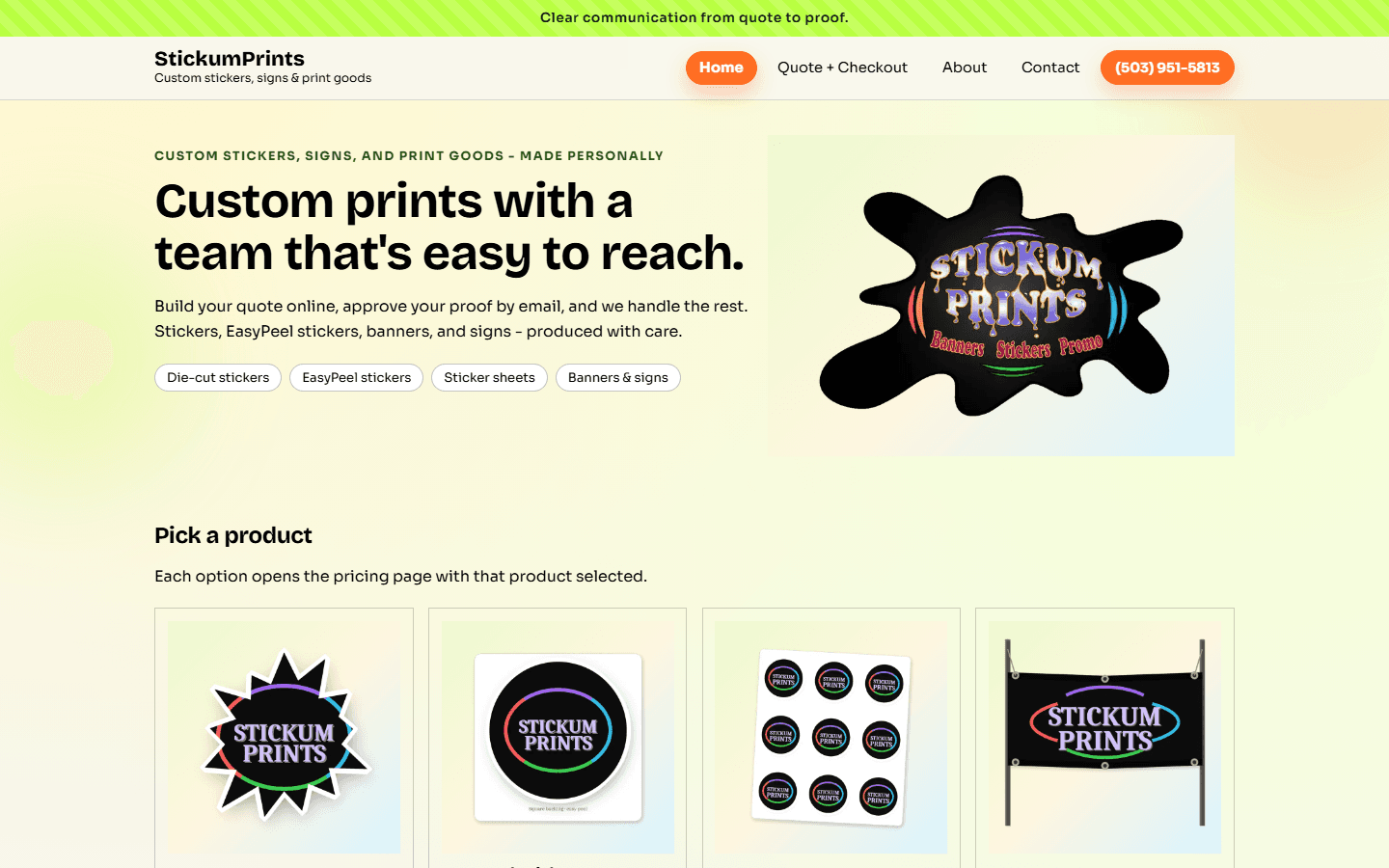 Desktop screenshot of the Stickum Prints website built by SitePorch